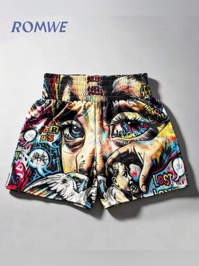 ROMWE Multicolor Graffiti Eye Print Elastic Waist Shorts